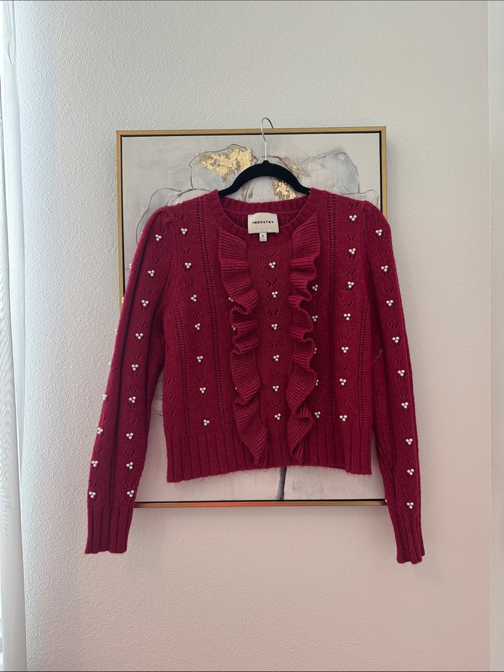 6/14 INDUSTRY Red Pearl-Embellished Ruffle Sweater